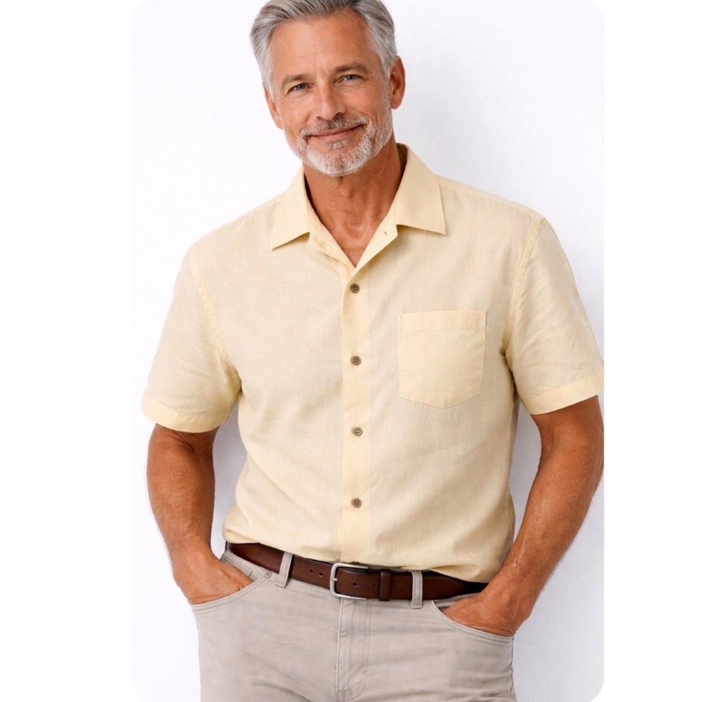 COOFANDY Mens Short Sleeve Camp Collar Cotton Shirt Yellow M Linen look beach